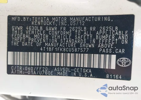 2012 Toyota Camry Se from USA, damaged, VIN 4T1BF1FK8CU587577
